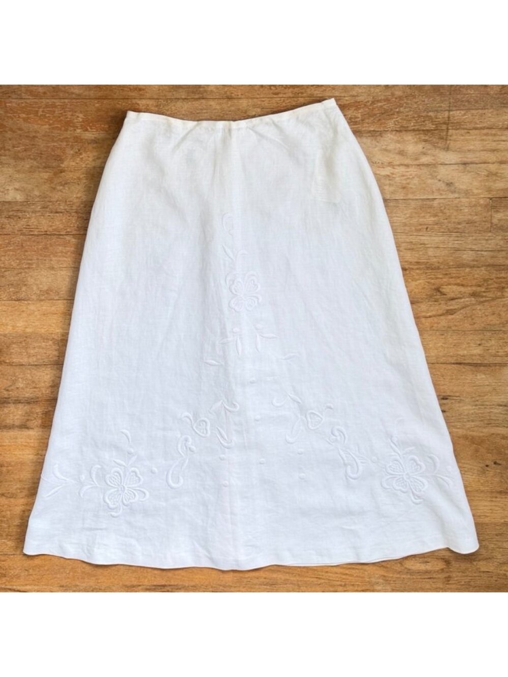 Vintage Floral Embroidered Linen Maxi Skirt Size Small 8 28" Waist Off-White Boh